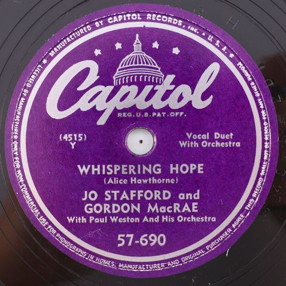 Jo Stafford, Gordon MacRae - Whispering Hope 1949 Polka 10" 78 rpm Record 57-690 - Picture 1 of 16